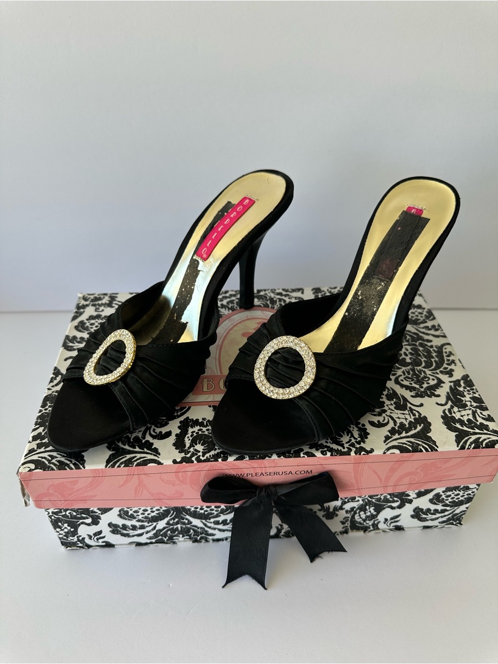 Pleaser Black Satin Open-Toe Mule Heels with Crystal Buckle